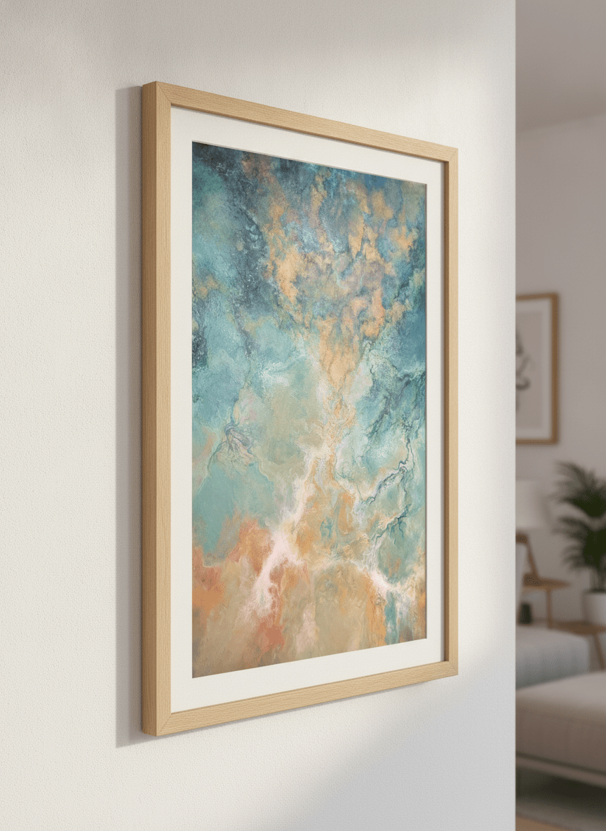 Modern wall art styled above a sofa in a neutral living room