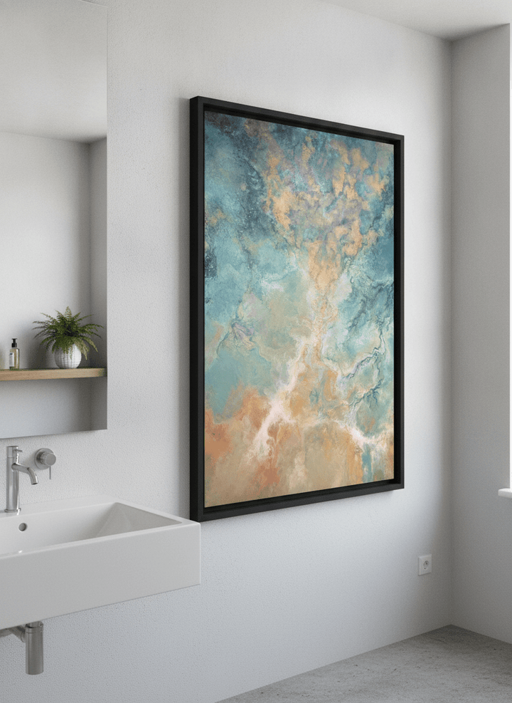Modern print displayed in a clean minimalist bathroom setting