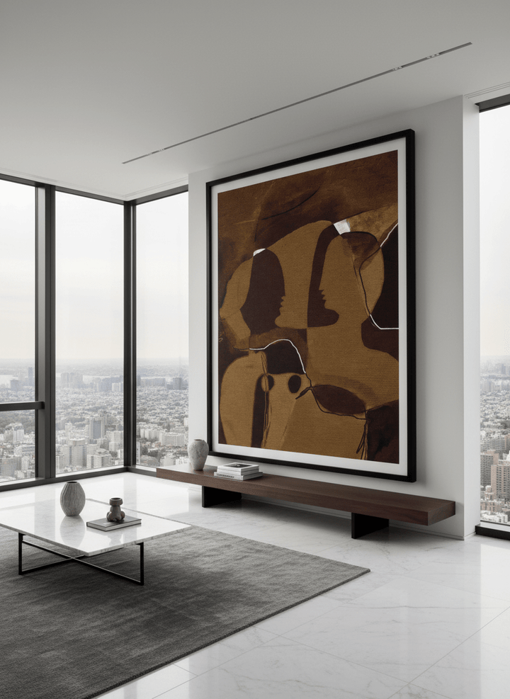 Monumental artwork centred on a feature wall in a luxe interior