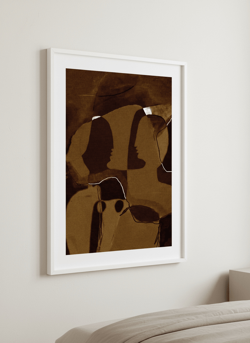 Minimalist artwork displayed in a calm, light-filled bedroom interior