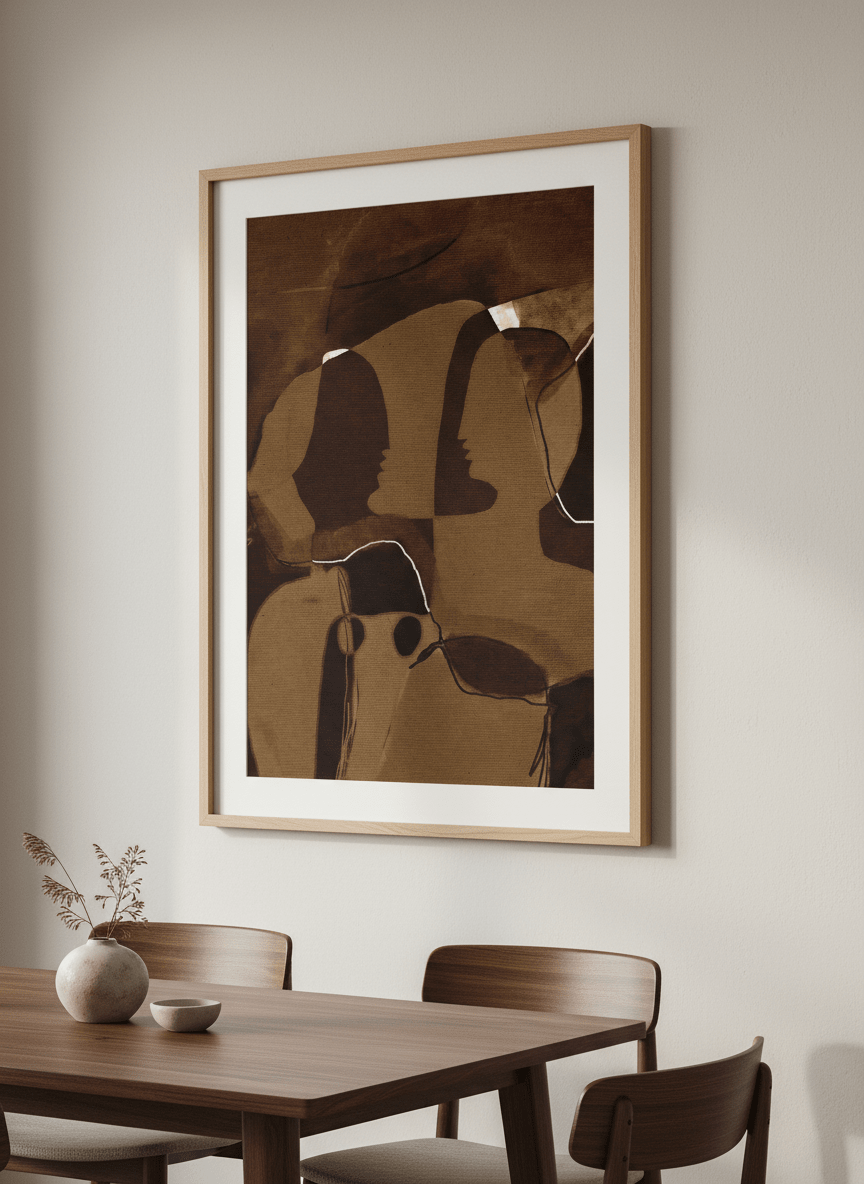 Wall art styled above a dining table in a contemporary home