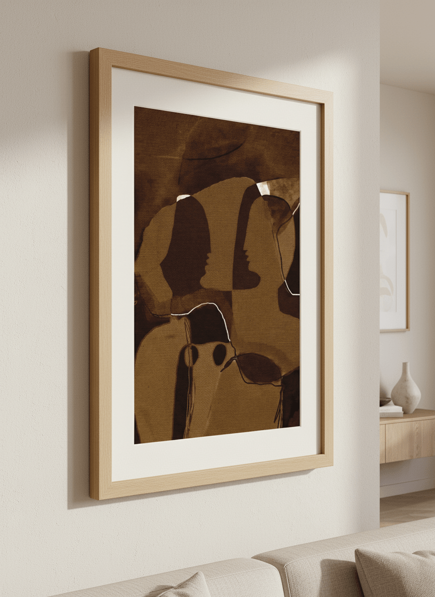 Modern wall art styled above a sofa in a neutral living room