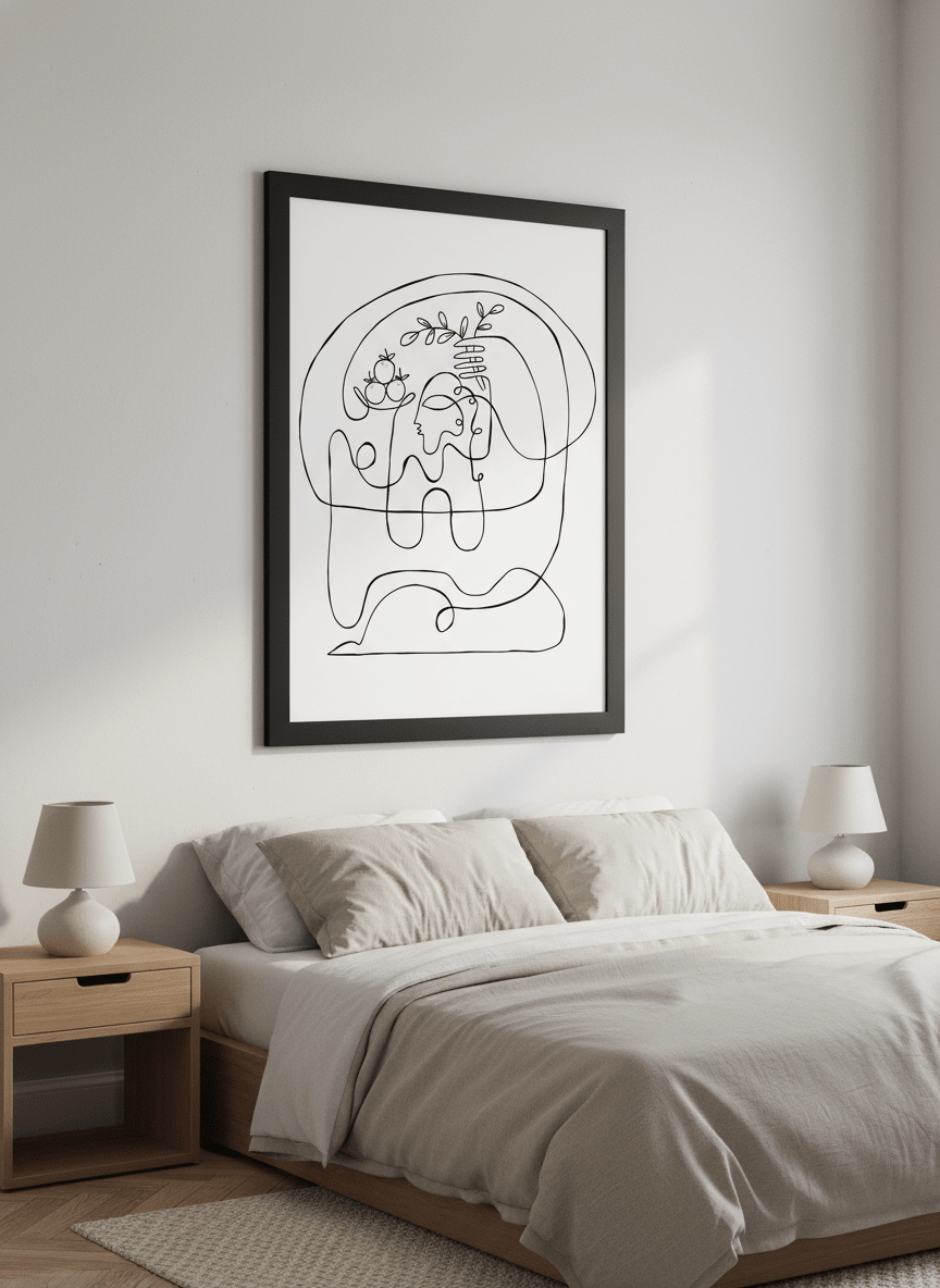 Minimalist artwork displayed in a calm, light-filled bedroom interior
