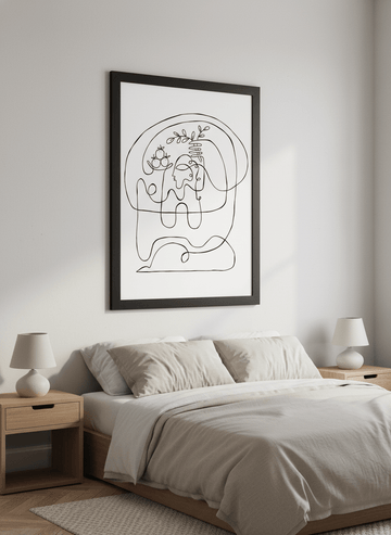 Minimalist artwork displayed in a calm, light-filled bedroom interior