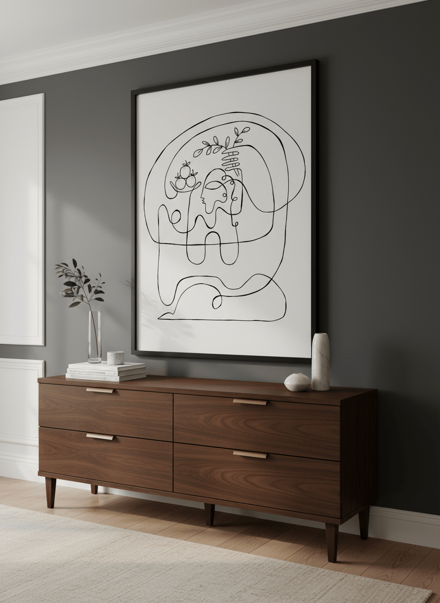 Monumental artwork centred on a feature wall in a luxe interior