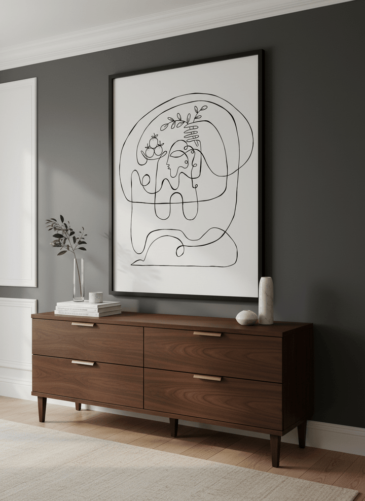 Monumental artwork centred on a feature wall in a luxe interior