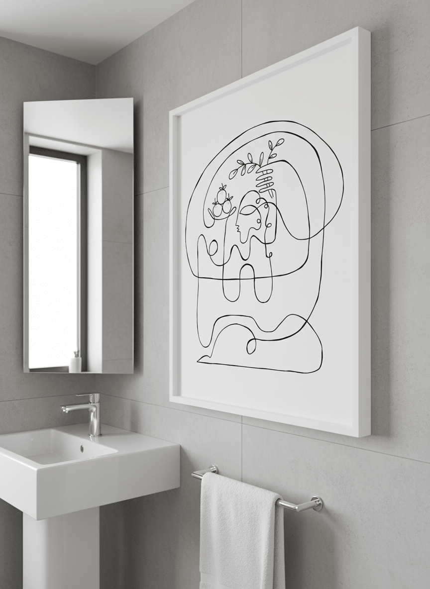 Modern print displayed in a clean minimalist bathroom setting