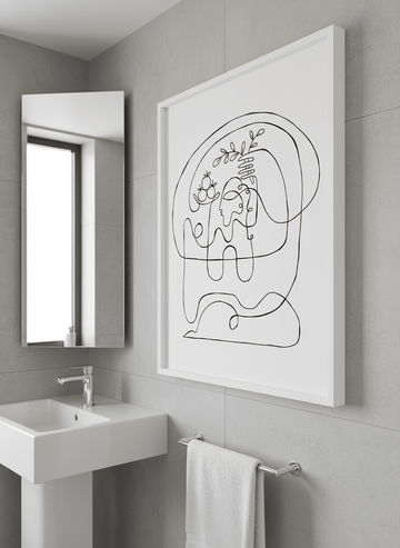 Modern print displayed in a clean minimalist bathroom setting