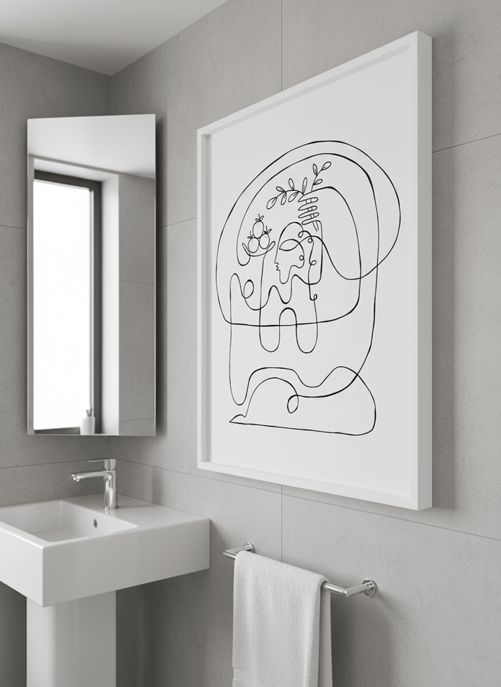 Modern print displayed in a clean minimalist bathroom setting