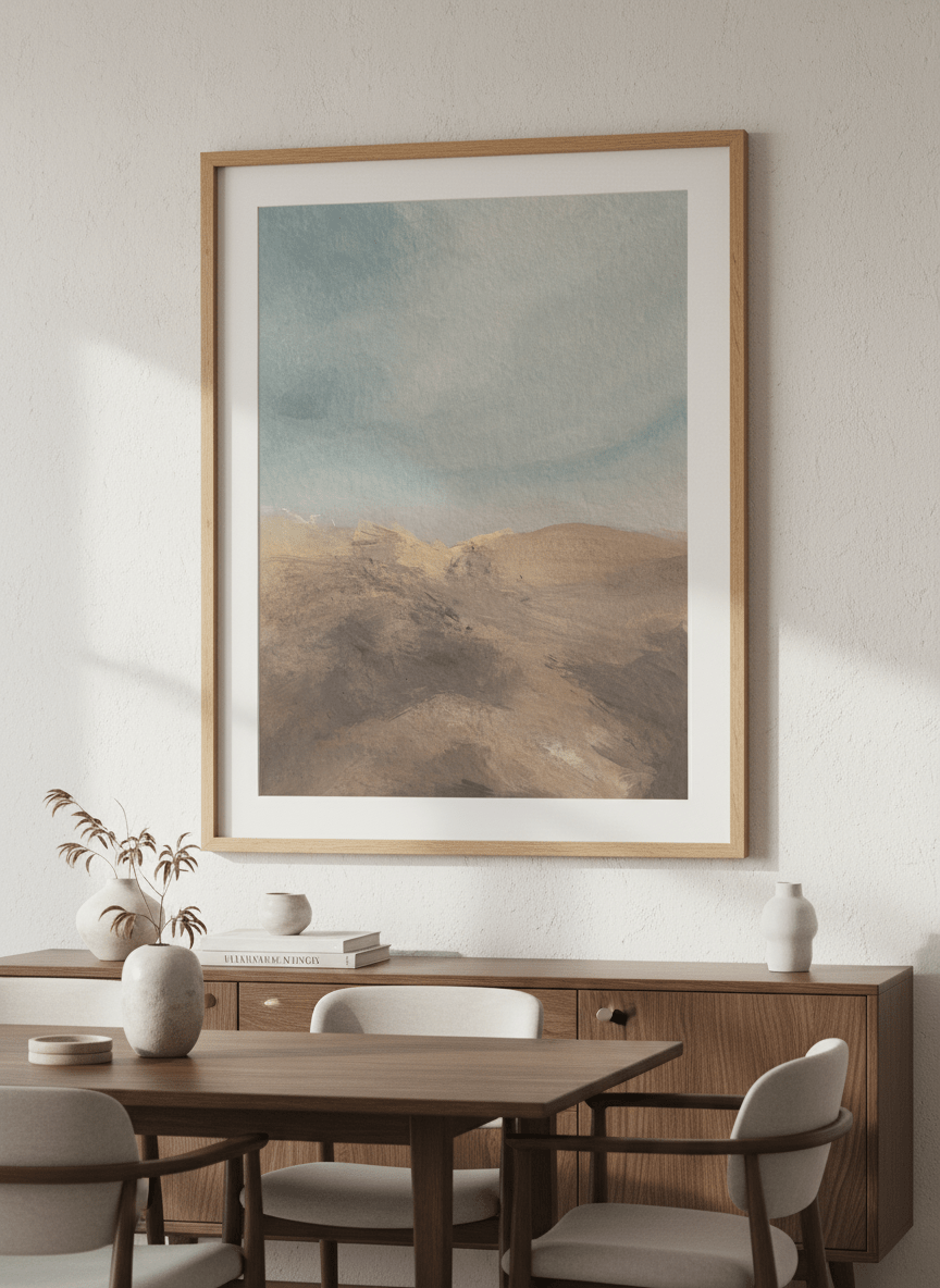 Wall art styled above a dining table in a contemporary home