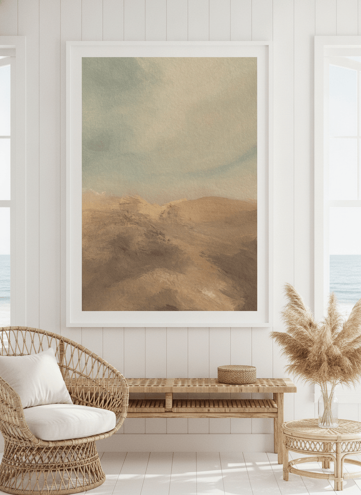Neutral wall art displayed in a sunny coastal beach house