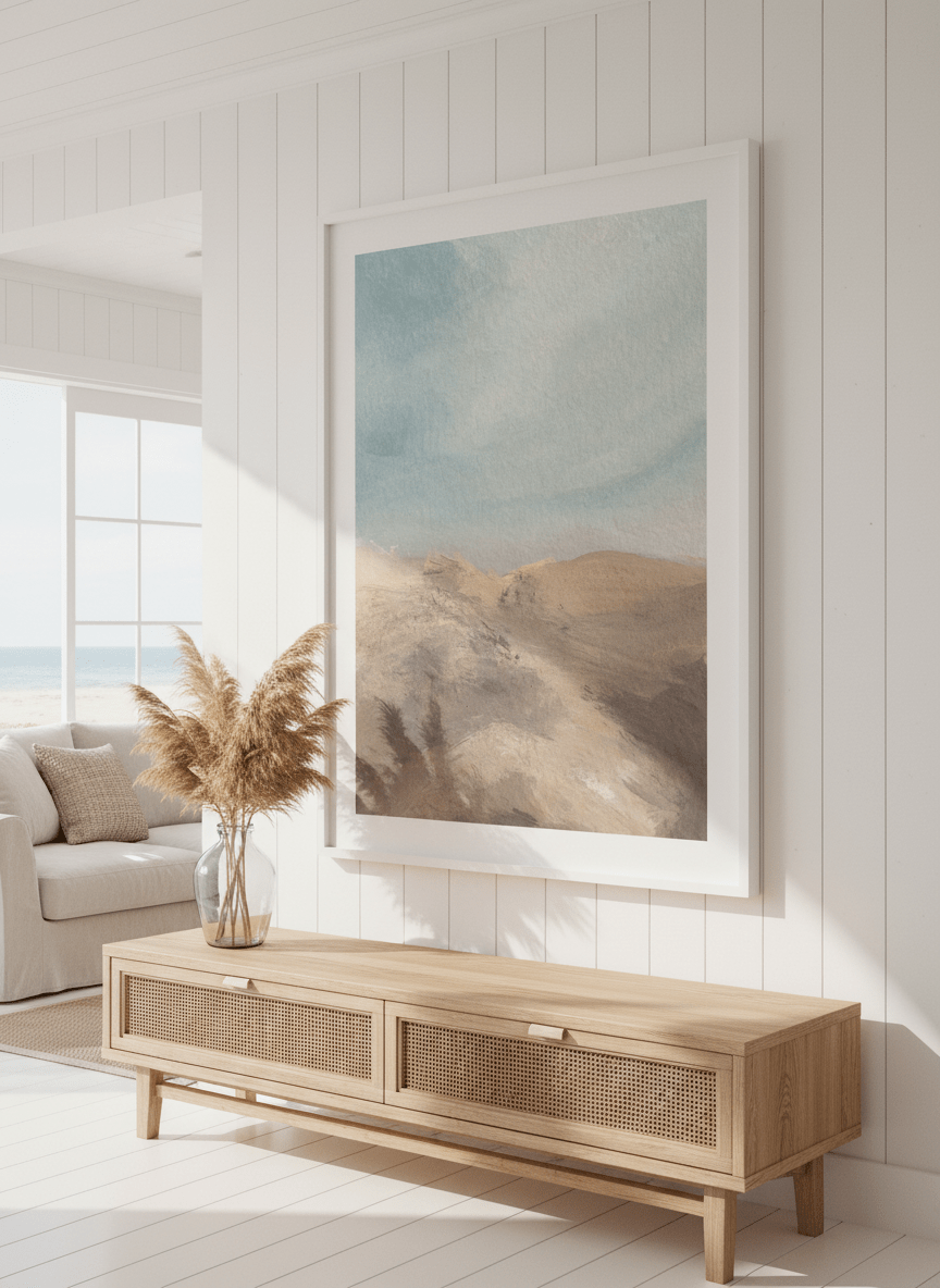 Neutral wall art displayed in a sunny coastal beach house