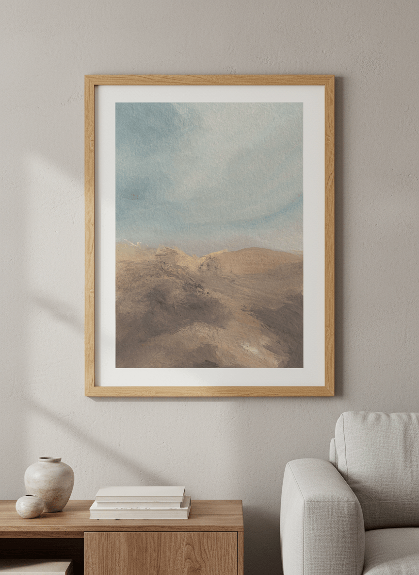 Modern wall art styled above a sofa in a neutral living room