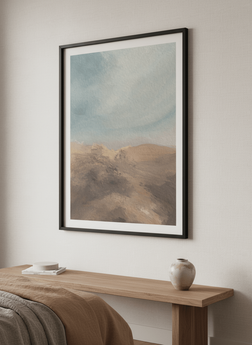 Minimalist artwork displayed in a calm, light-filled bedroom interior
