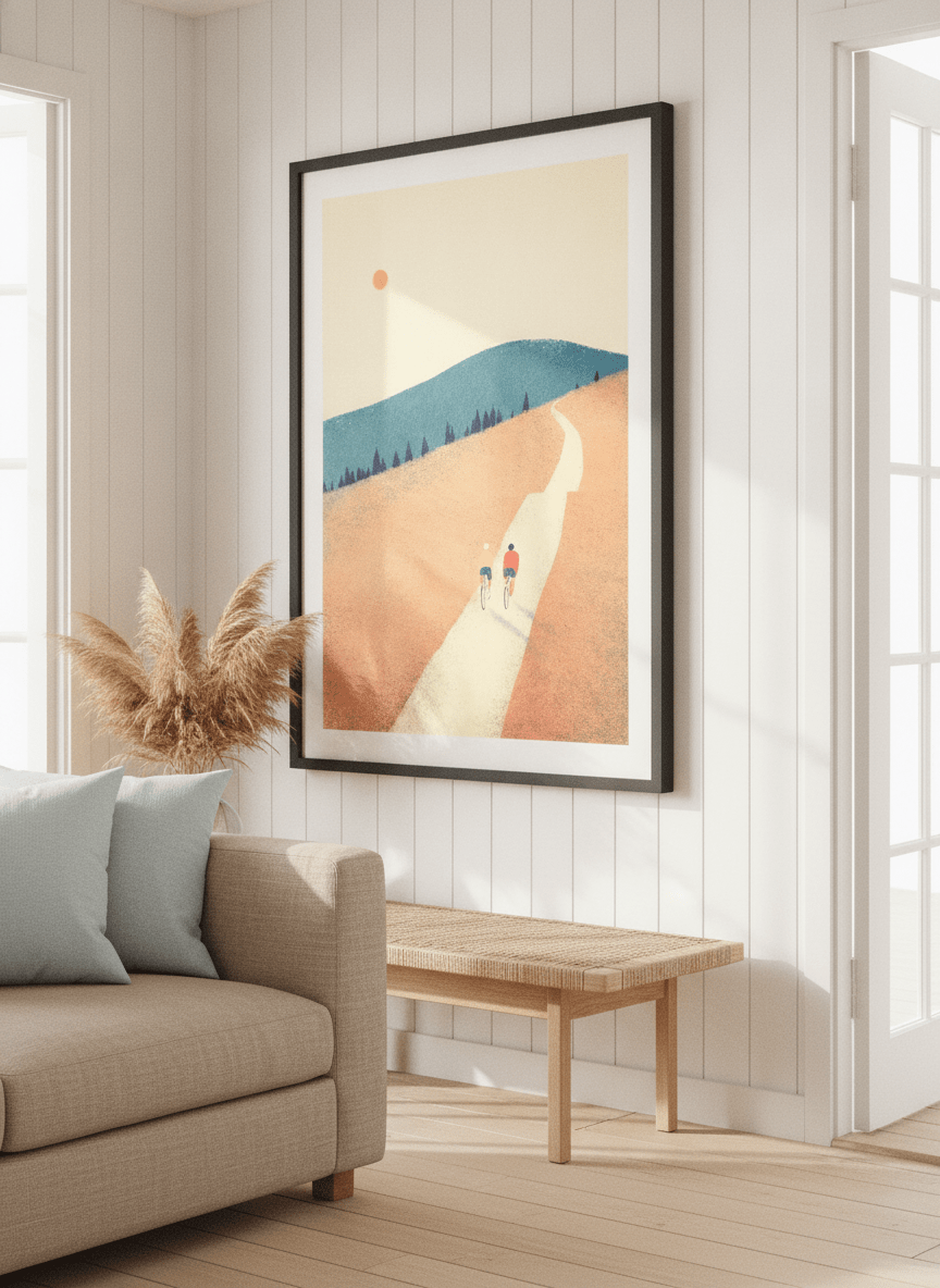 Neutral wall art displayed in a sunny coastal beach house
