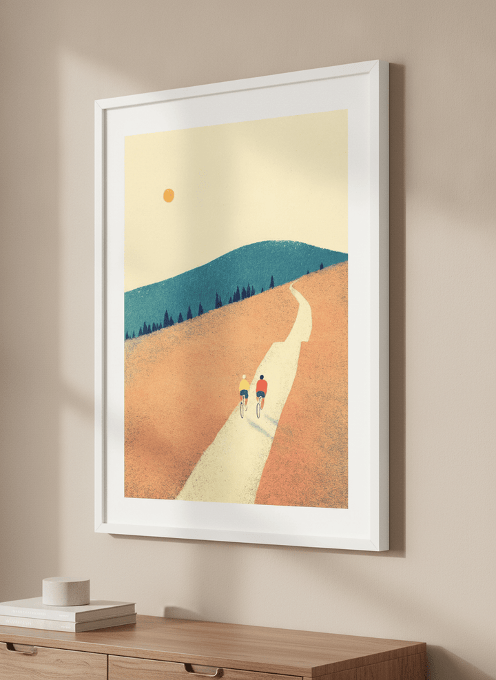 Minimalist artwork displayed in a calm, light-filled bedroom interior