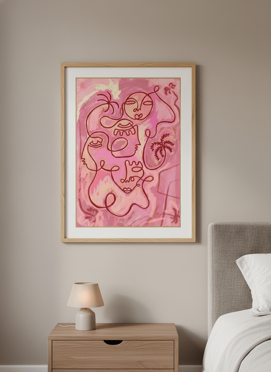 Minimalist artwork displayed in a calm, light-filled bedroom interior