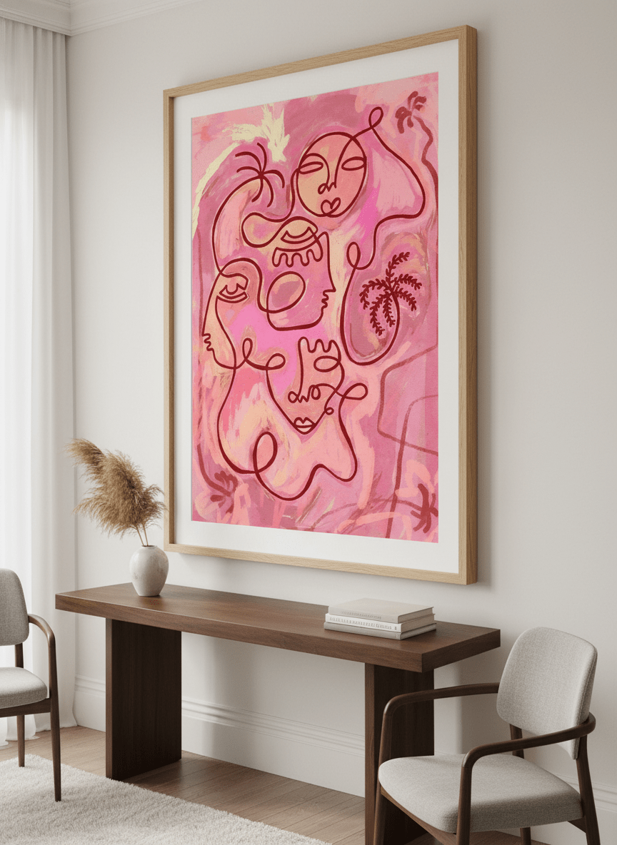 Monumental artwork centred on a feature wall in a luxe interior
