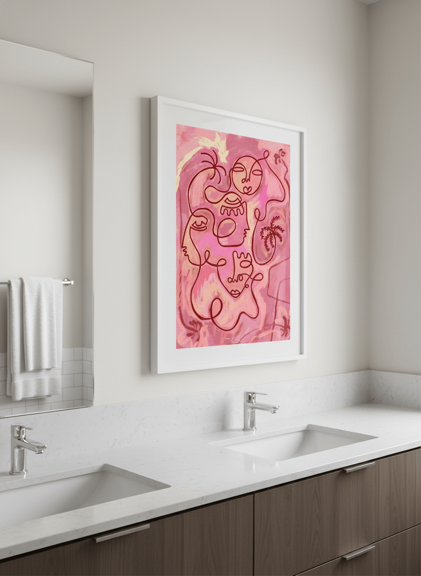 Modern print displayed in a clean minimalist bathroom setting