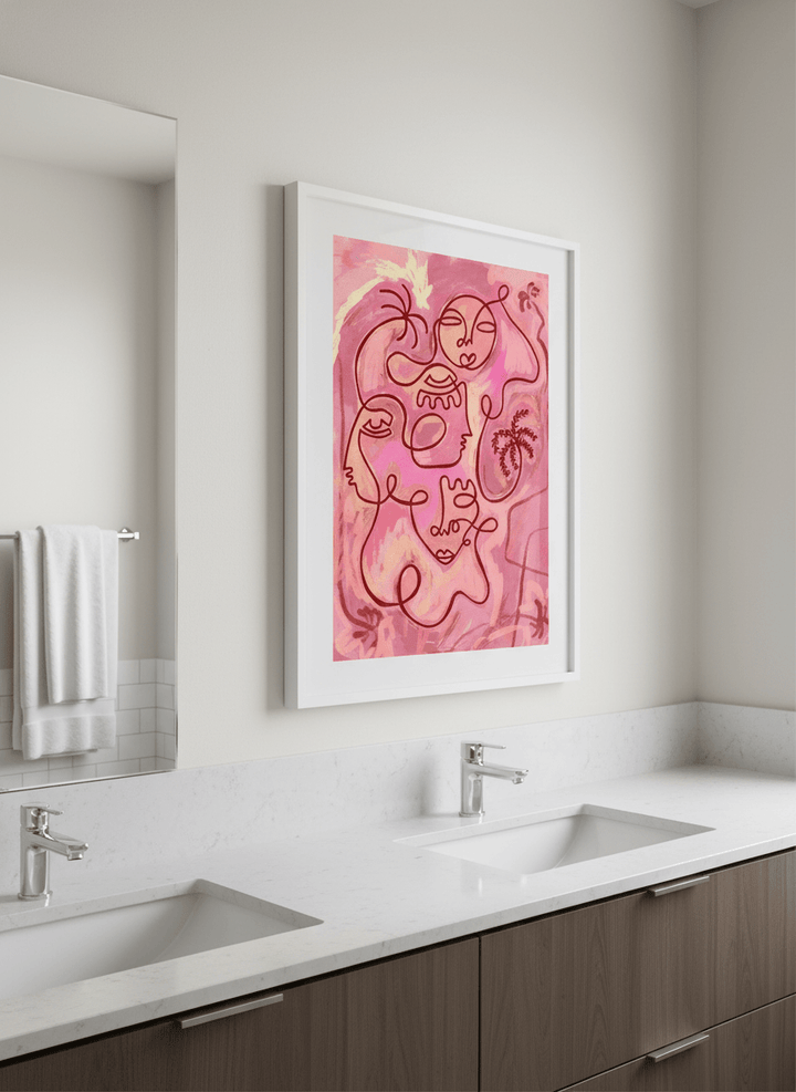 Modern print displayed in a clean minimalist bathroom setting