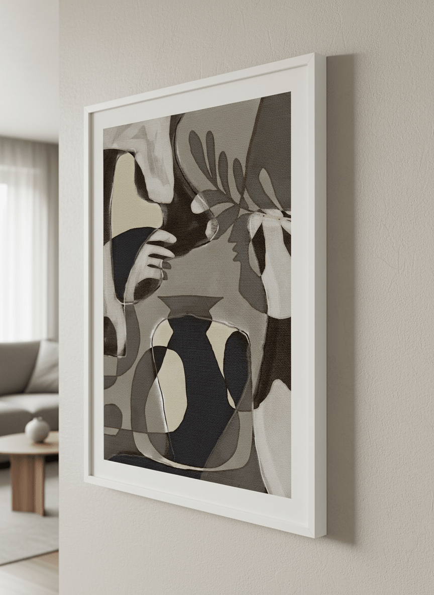 Modern wall art styled above a sofa in a neutral living room