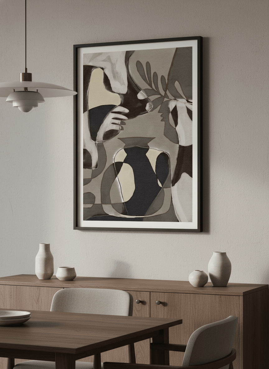 Wall art styled above a dining table in a contemporary home