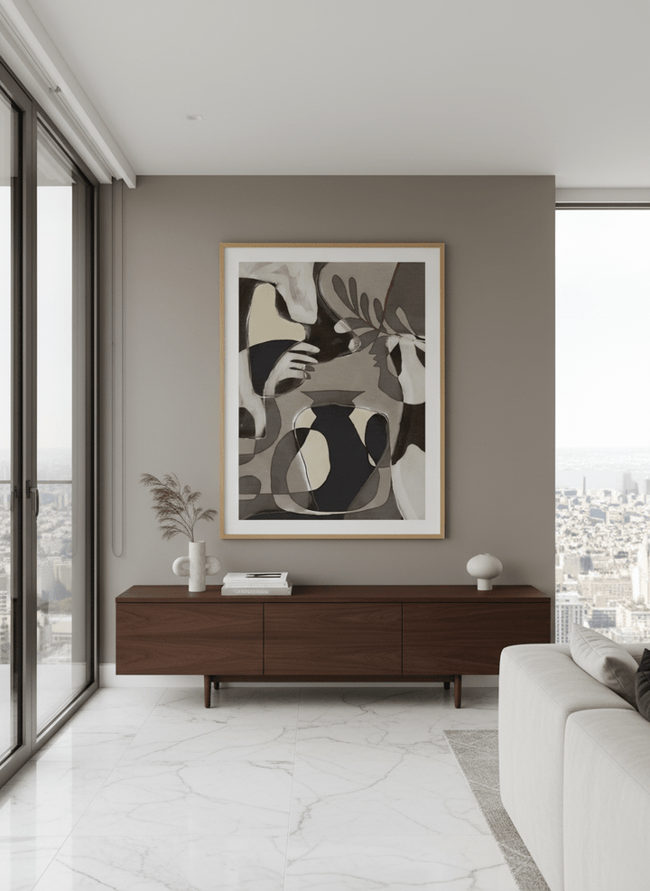 Monumental artwork centred on a feature wall in a luxe interior