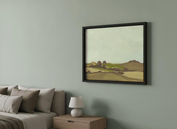 Minimalist artwork displayed in a calm, light-filled bedroom interior