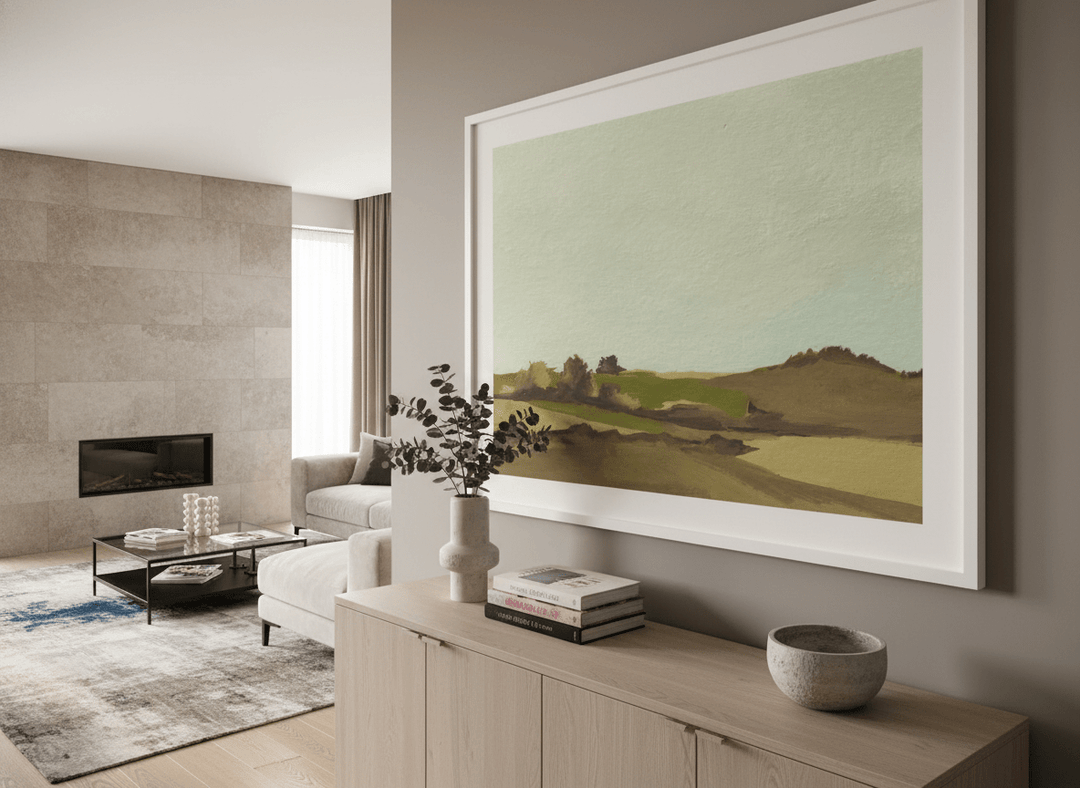 Monumental artwork centred on a feature wall in a luxe interior