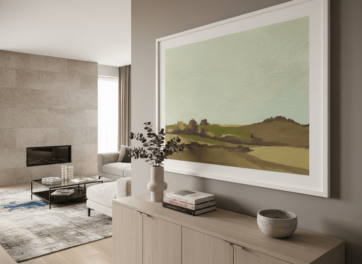 Monumental artwork centred on a feature wall in a luxe interior