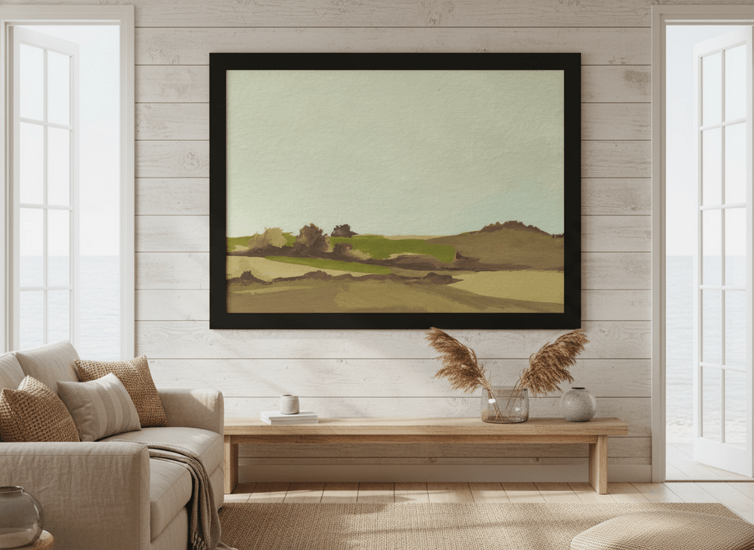 Neutral wall art displayed in a sunny coastal beach house