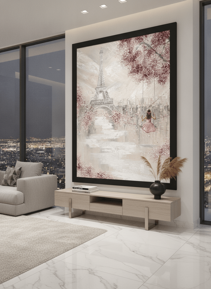 Monumental artwork centred on a feature wall in a luxe interior