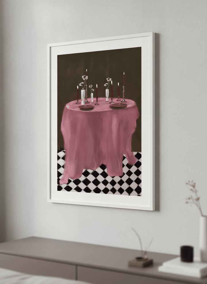 Minimalist artwork displayed in a calm, light-filled bedroom interior