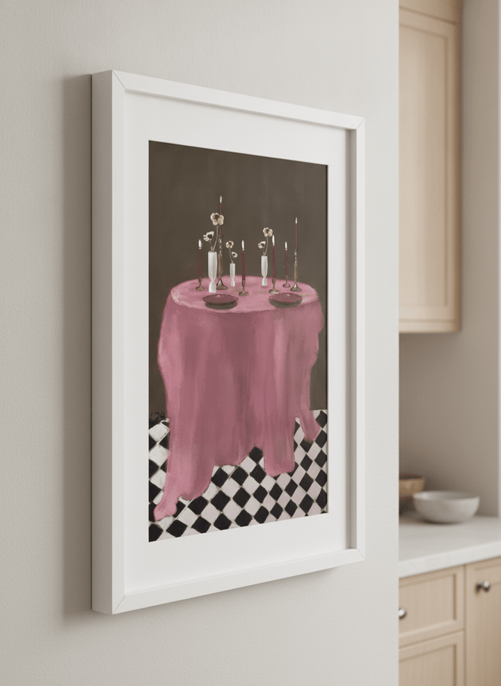 Artwork styled on the wall of a bright modern kitchen