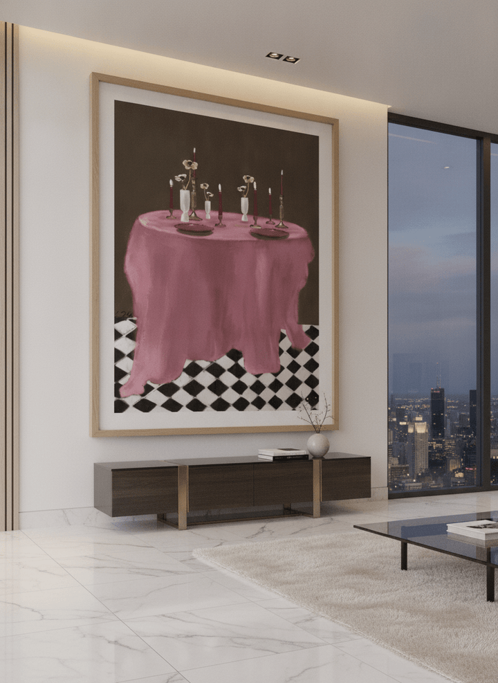 Monumental artwork centred on a feature wall in a luxe interior