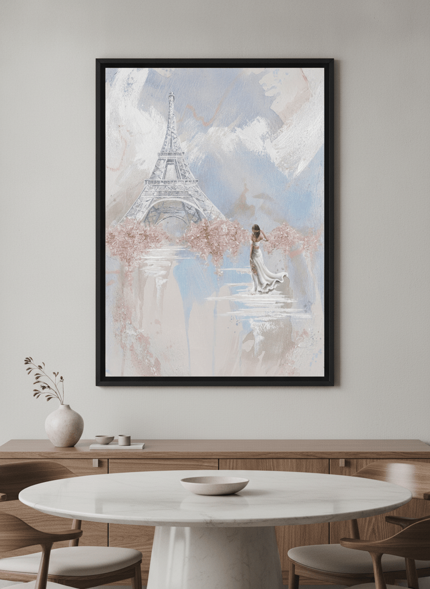Wall art styled above a dining table in a contemporary home