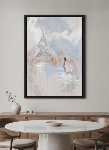 Wall art styled above a dining table in a contemporary home