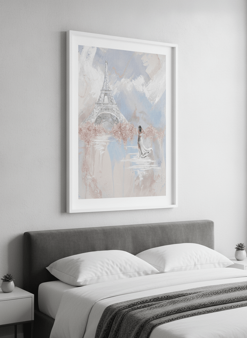 Minimalist artwork displayed in a calm, light-filled bedroom interior
