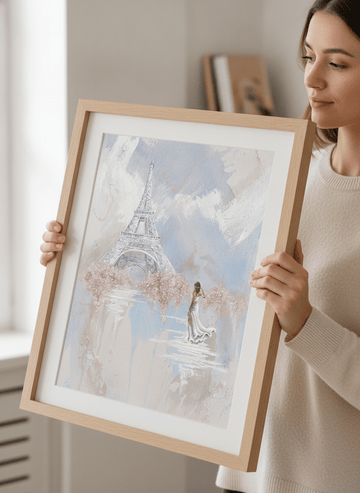 Person showcasing the artwork against a clean modern interior wall