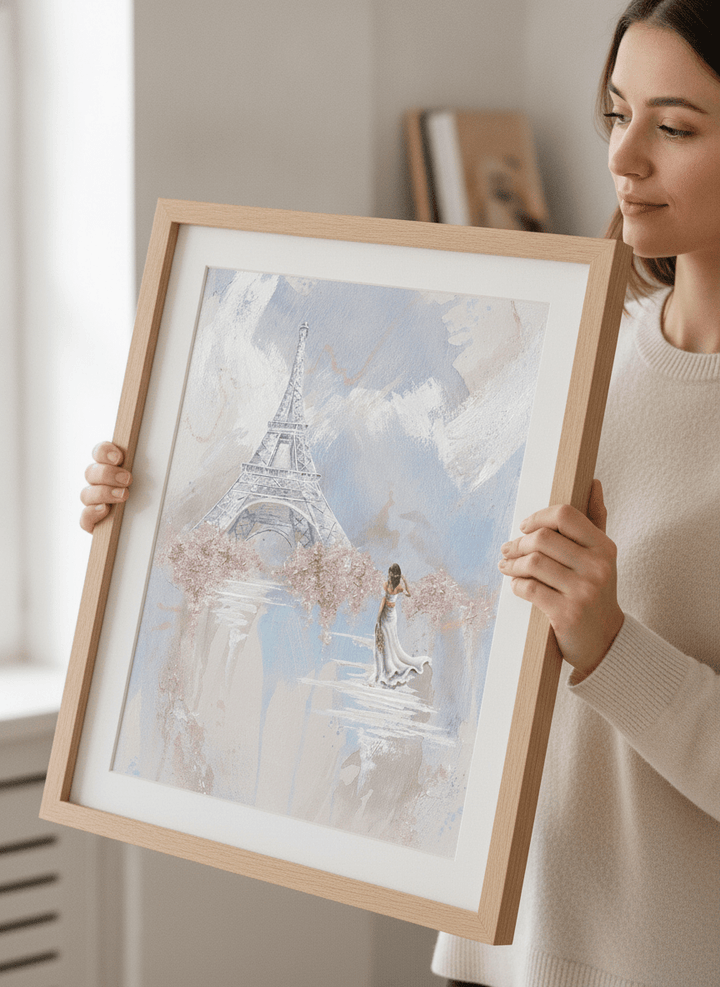 Person showcasing the artwork against a clean modern interior wall