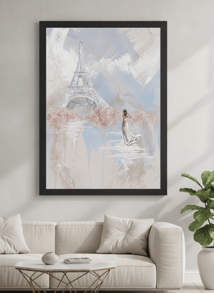 Modern wall art styled above a sofa in a neutral living room