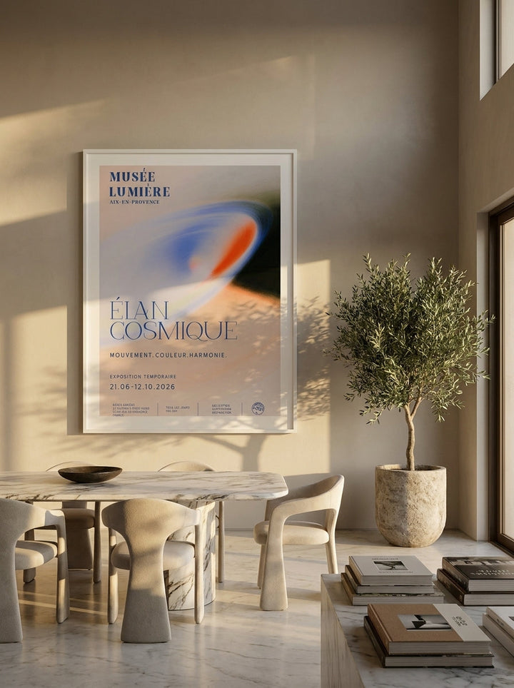 Oversized statement modern wall art print styled on the wall in a luxe dining room