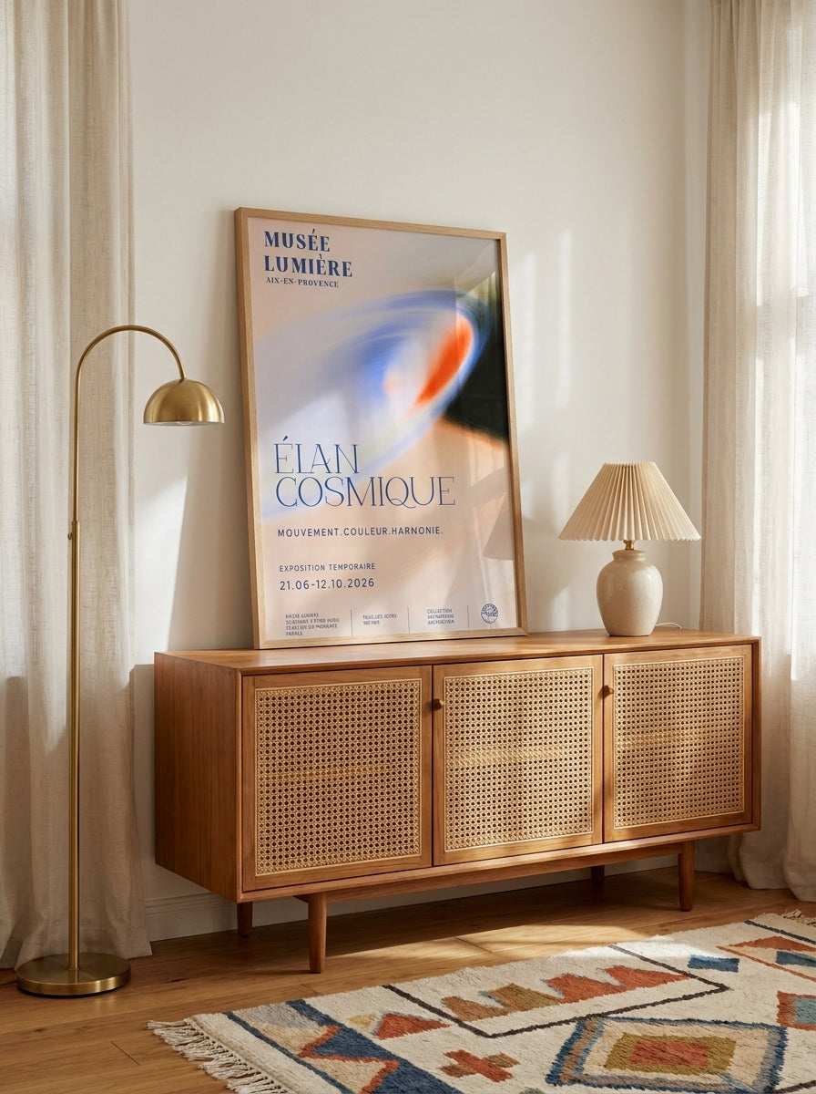 Modern wall art print standing on a sideboard in a mid-century bedroom