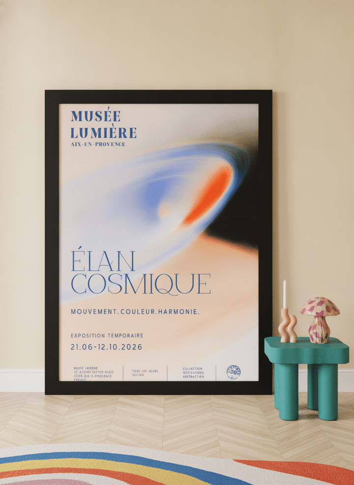 Oversized statement modern wall art print leaning against the wall in a colourful eclectic living room