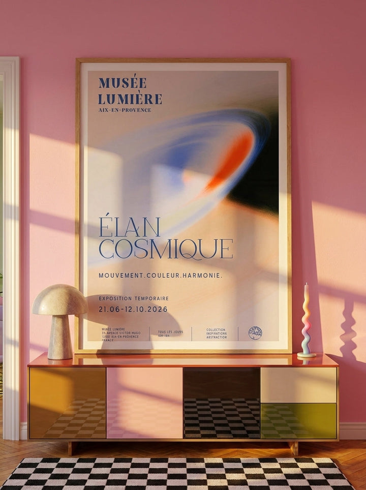 Modern wall art print styled on the wall in a colourful eclectic living room