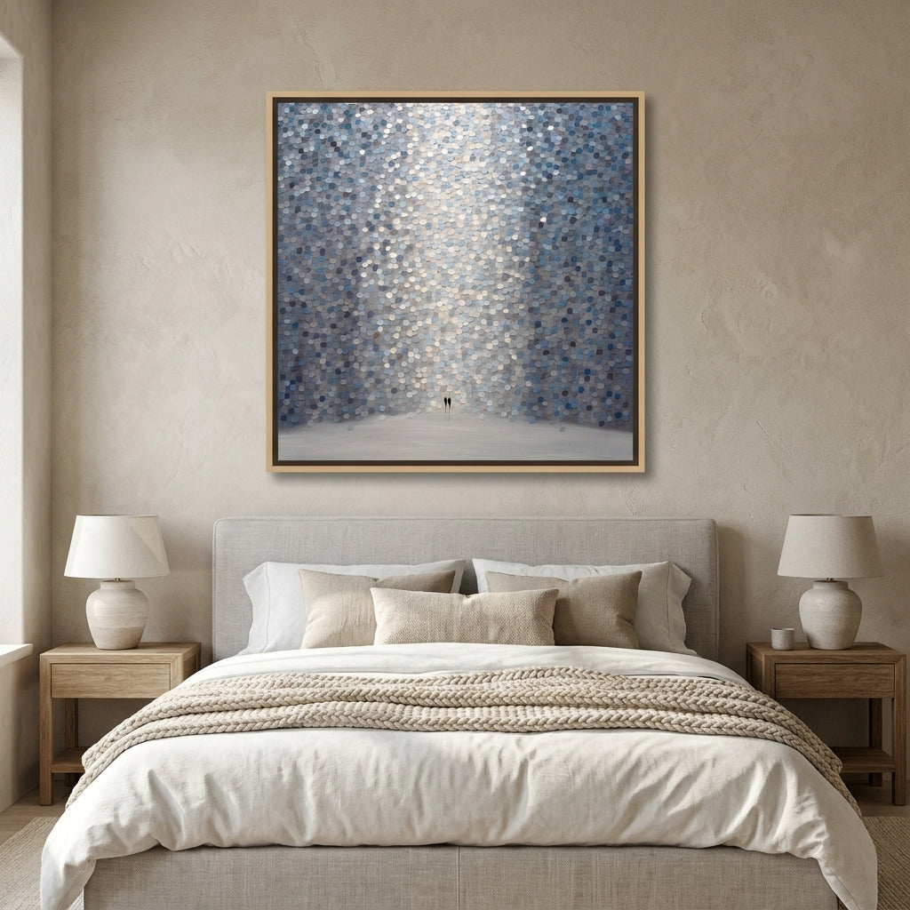 Canvas wall art with a natural timber surround styled in a calm, light-filled bedroom