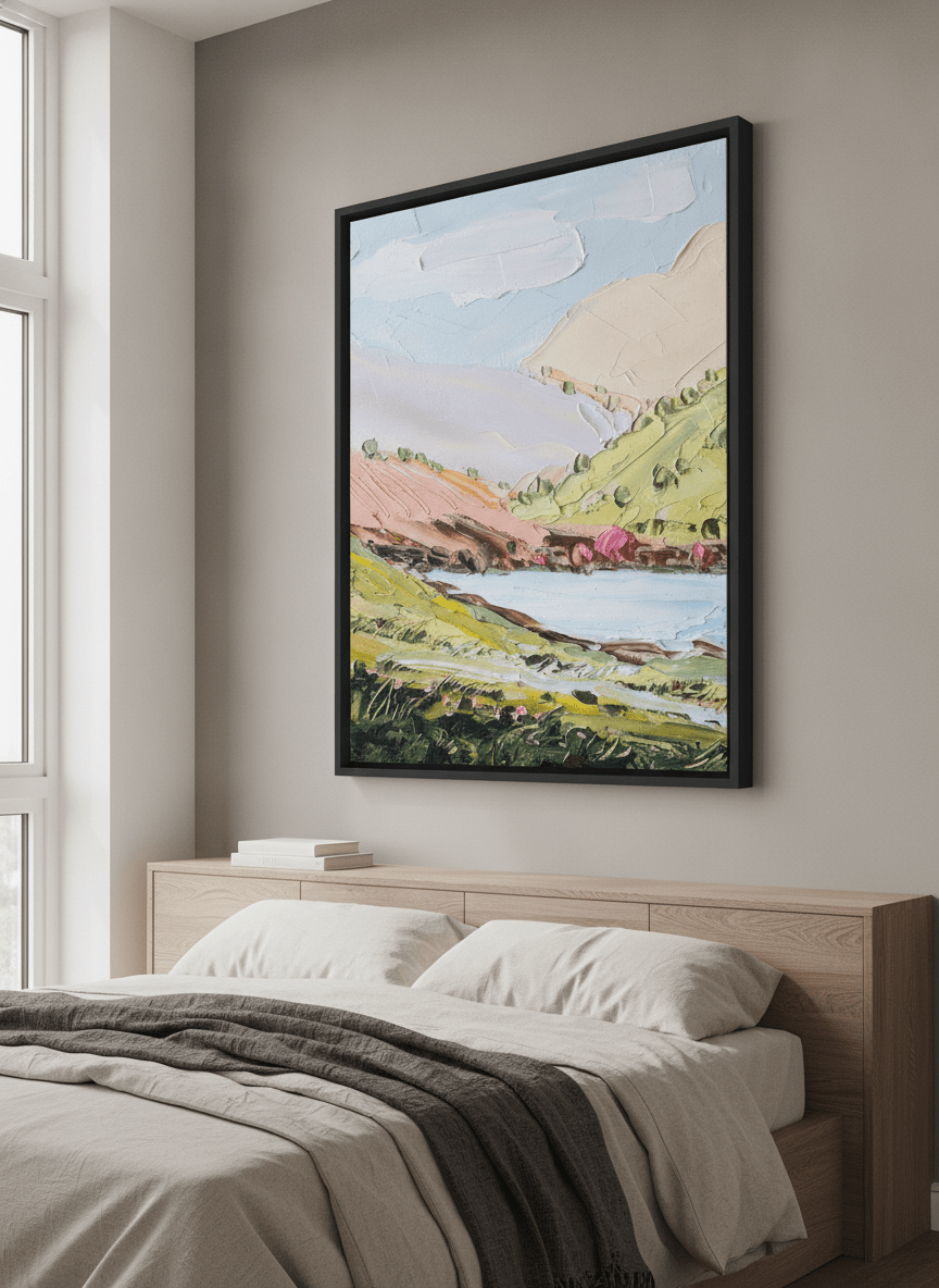 Minimalist artwork displayed in a calm, light-filled bedroom interior