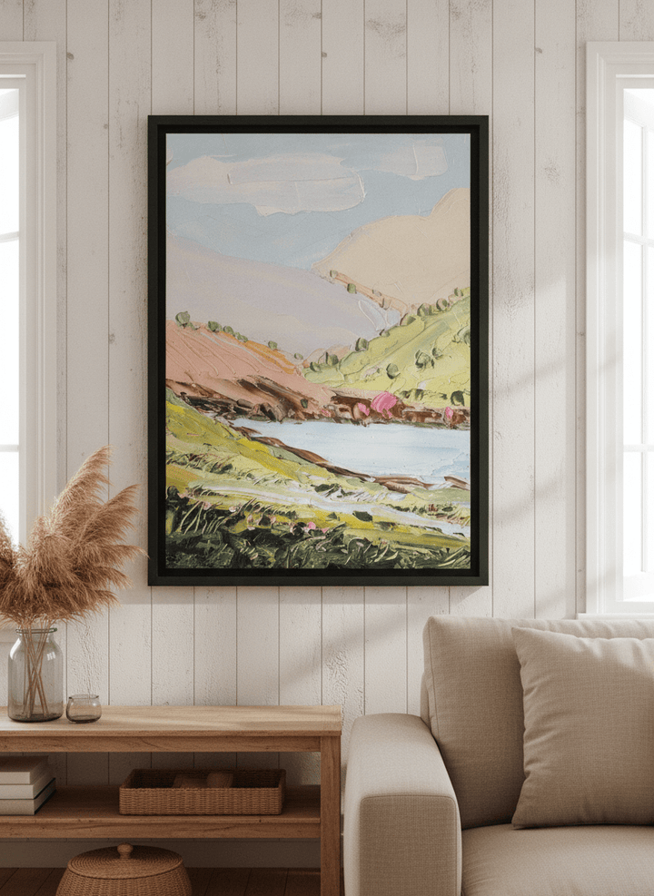Neutral wall art displayed in a sunny coastal beach house