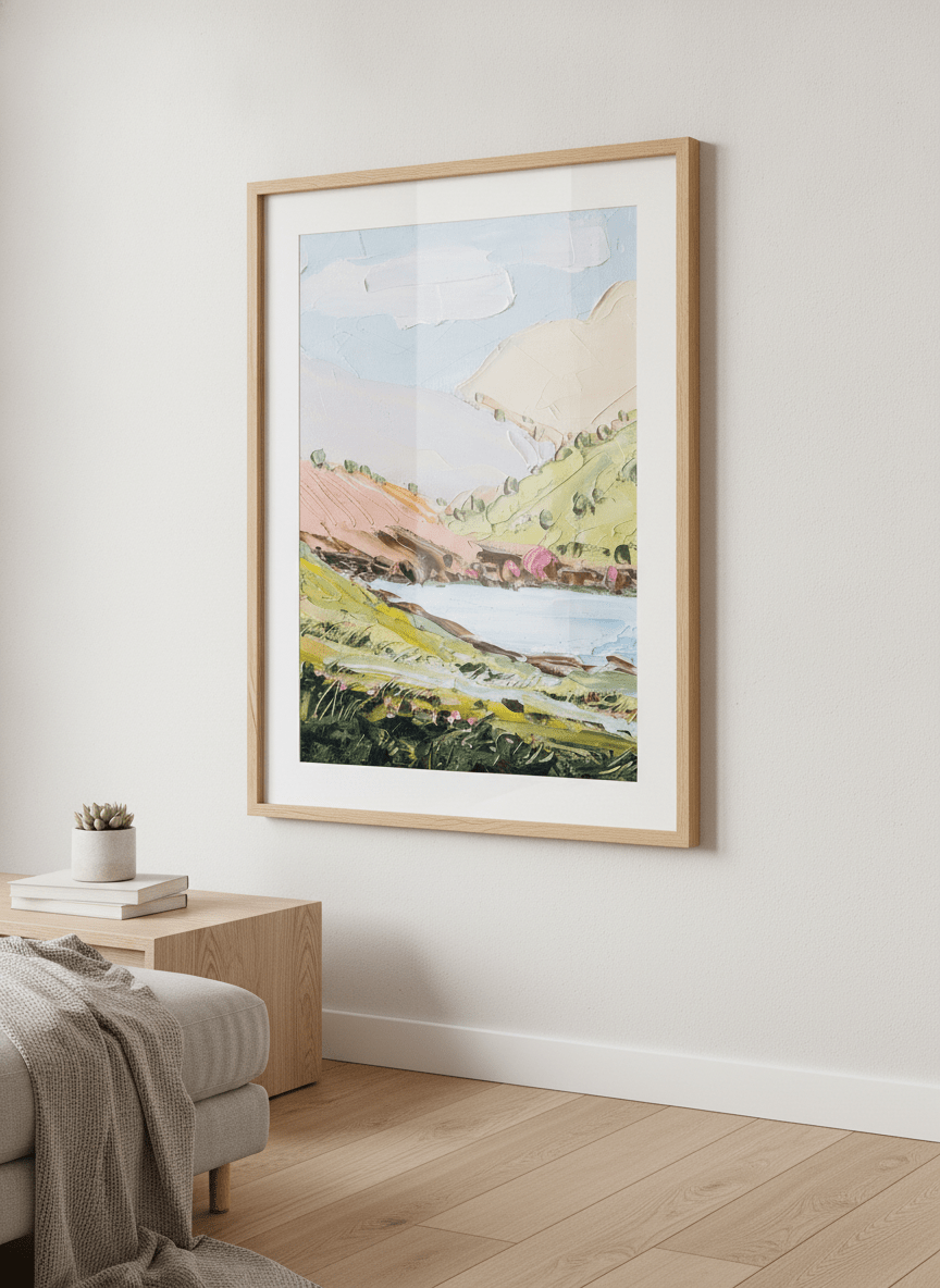 Modern wall art styled above a sofa in a neutral living room