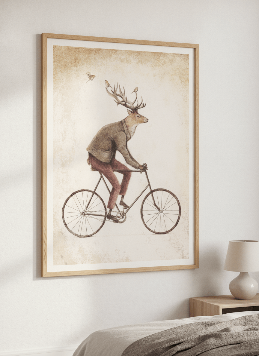 Minimalist artwork displayed in a calm, light-filled bedroom interior
